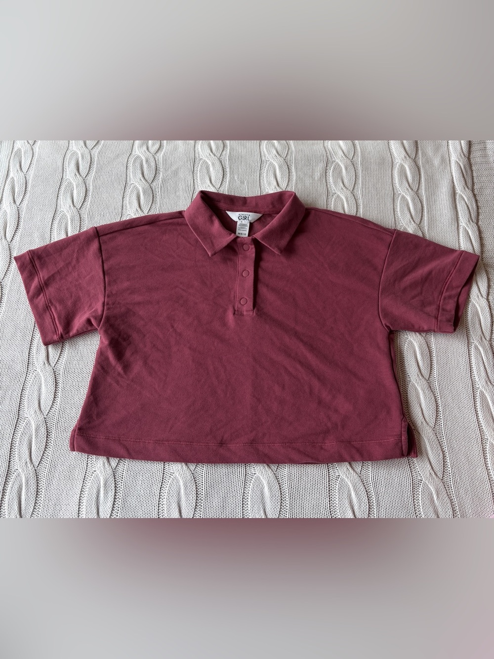 Athleta Girl M 8-10 Burgundy Red Textured Knit Cropped Short Sleeve Polo